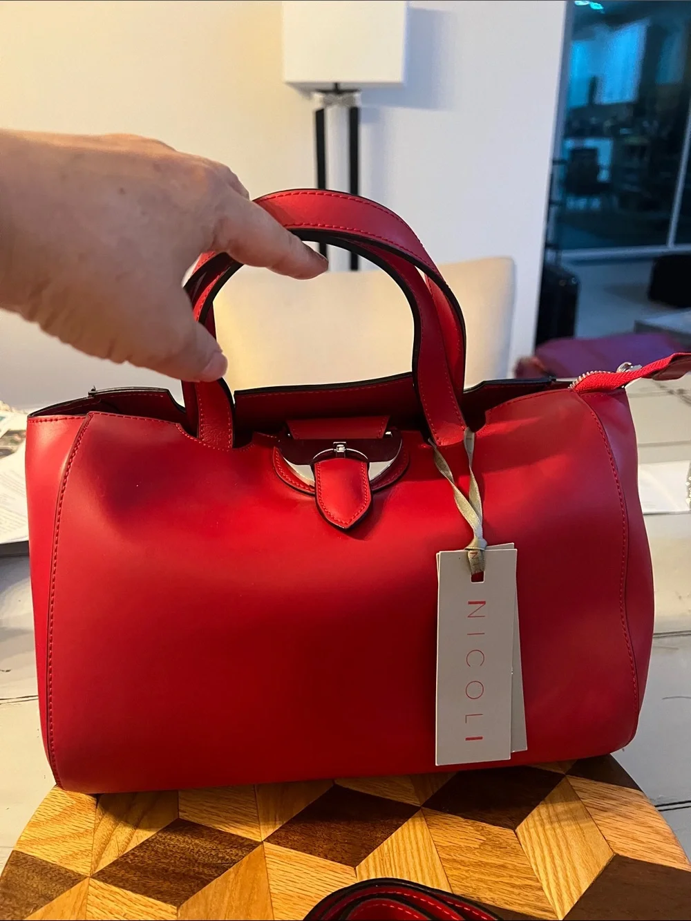 NICOLI Red Leather Satchel with Detachable Strap